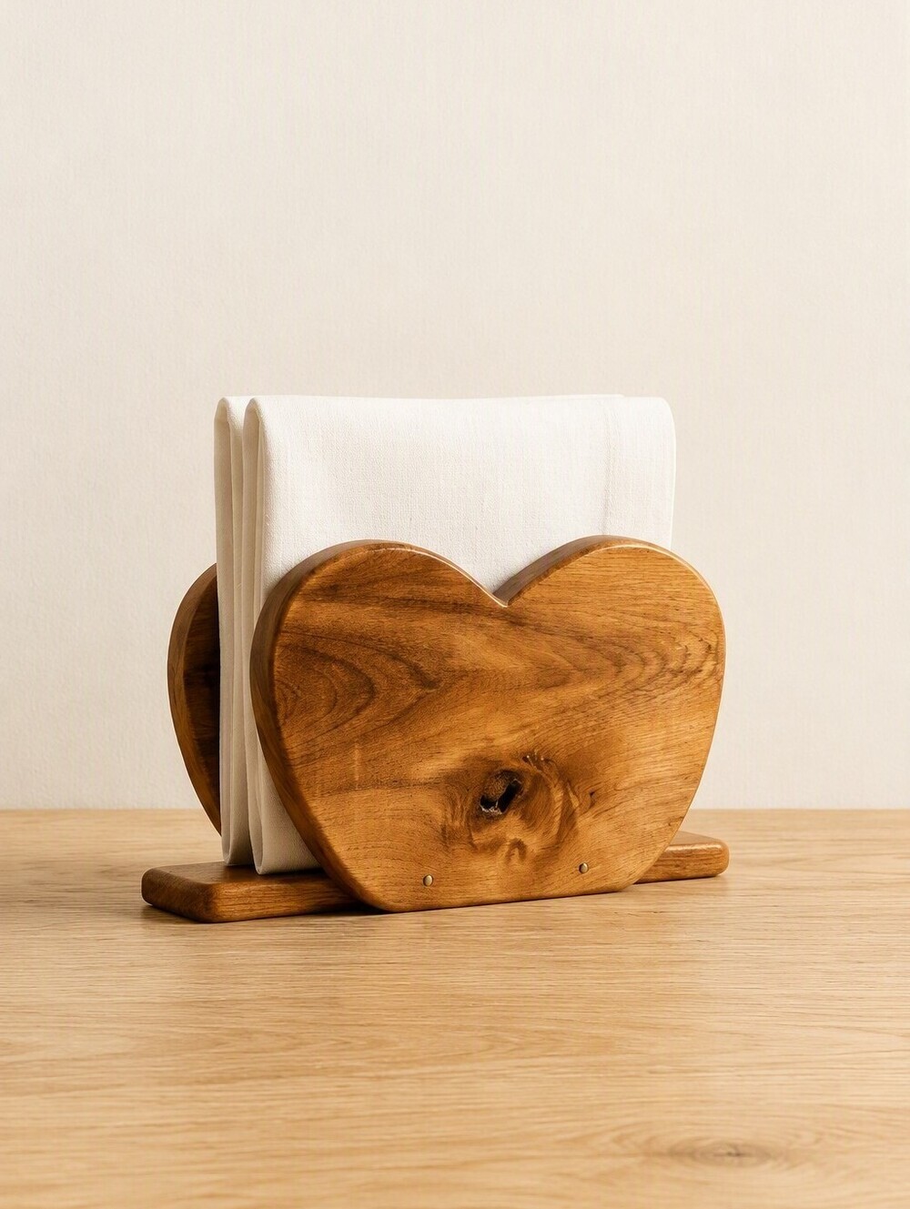 Heart-Shaped Wooden Napkin Holder in Natural Brown